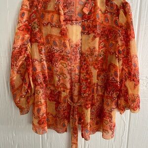 Elegant Red Orange Paisley Women's Blouse Tie Front Sheer Medium